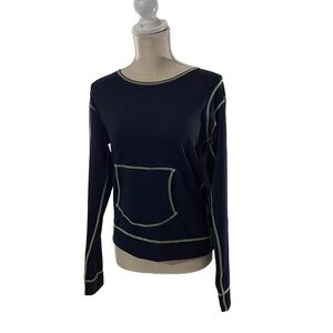 Athleta Women Black Yellow Stitch Long Sleeve Scoop Neck Pullover Shirt Sz M